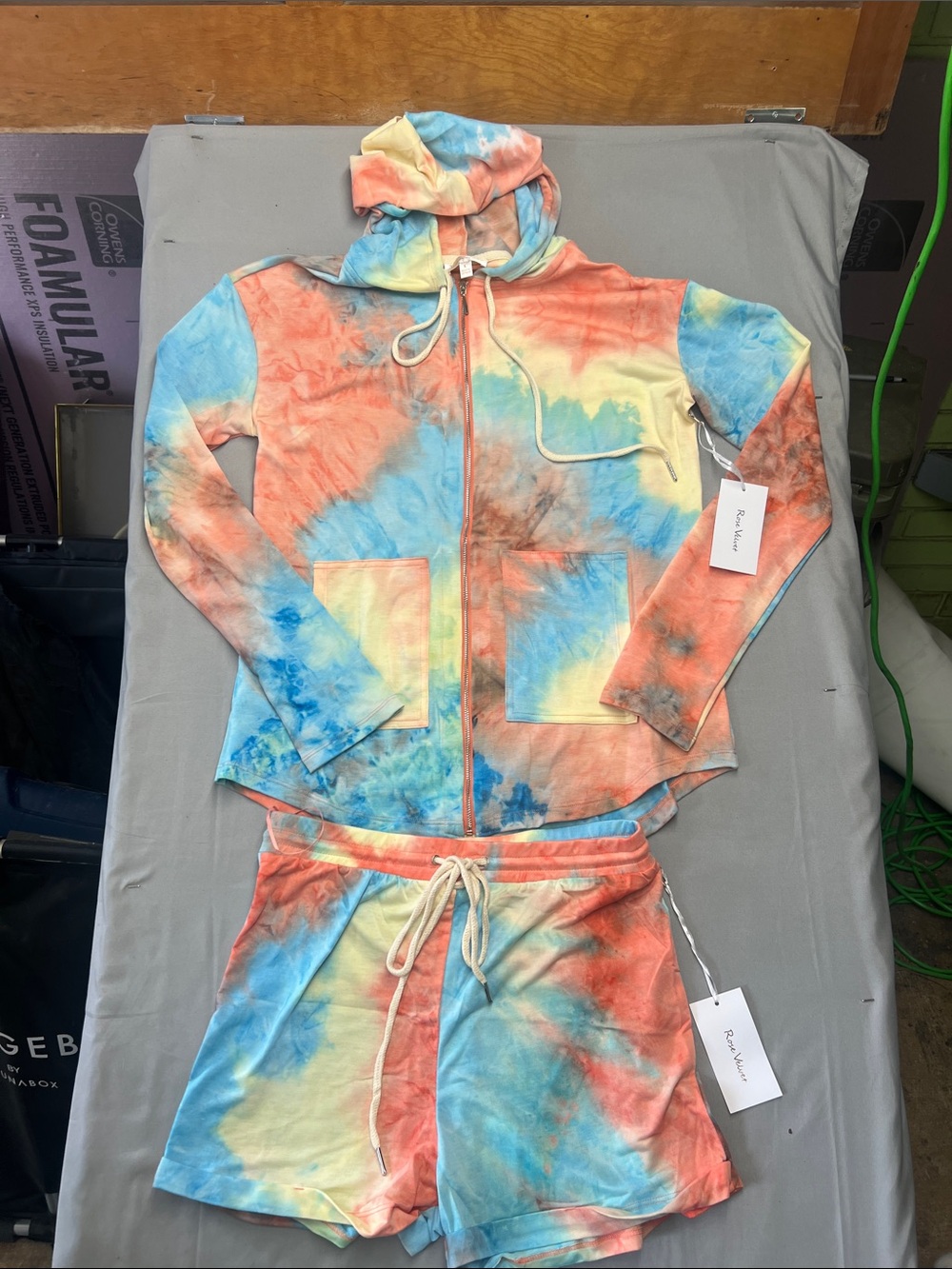 Velvet Tie-Dye Hoodie & Shorts Set - Blue, Peach, Yellow